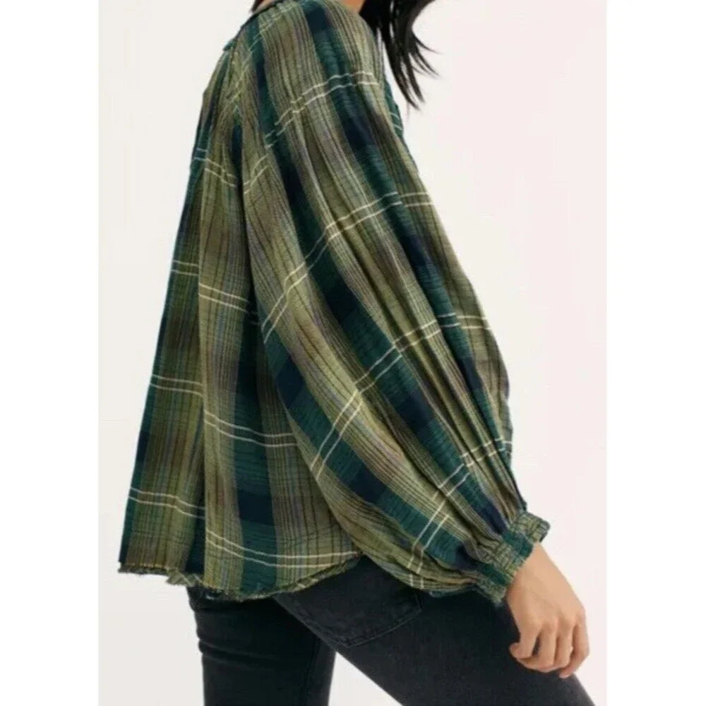 Free People Plaid Tunic Top Oversize Raw Hem Pullover Green Cloudbreaker XS - Picture 2 of 9